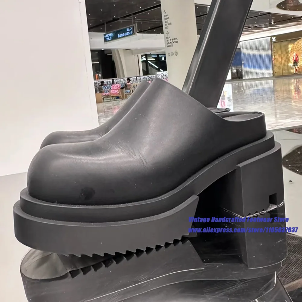 Black Leather Platform Mules Slippers Round Toe Block Heel Slip On Casual Shoes Gothic Streetwear Chunky Slide Mules Men's Shoes