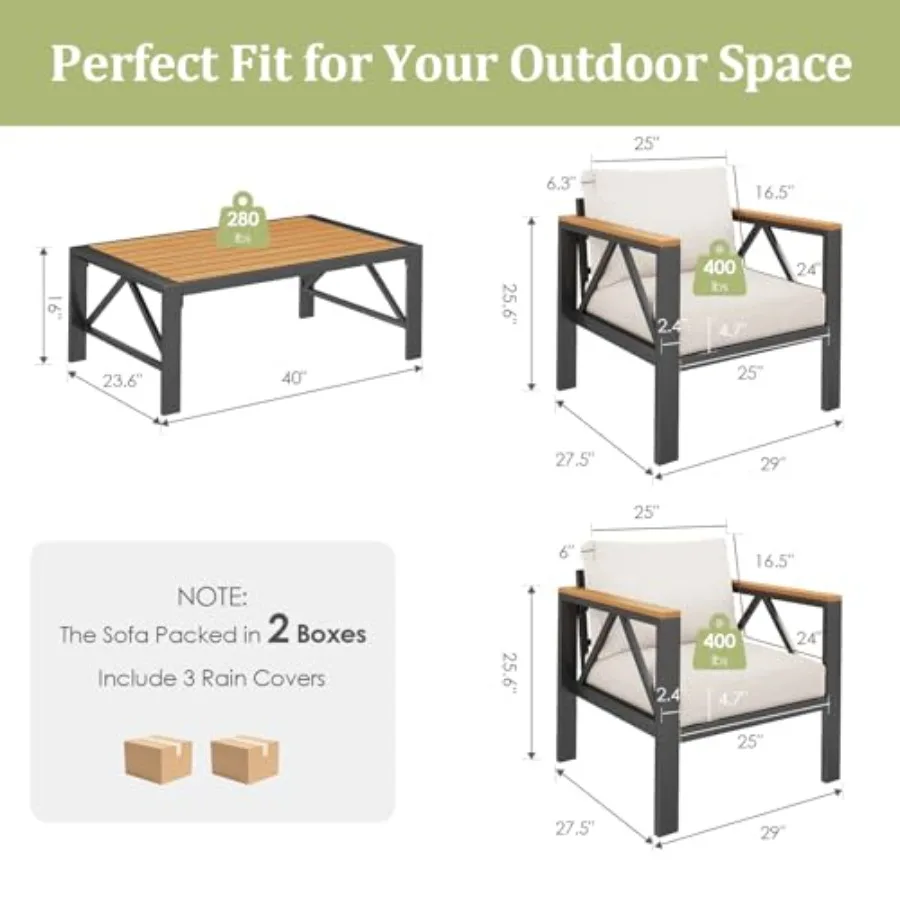 Aluminum Outdoor Patio 2 PCS Armchair Set, Washable Thick Cushions, All-Weather Modern Metal Furniture for Garden, Backyard, Po