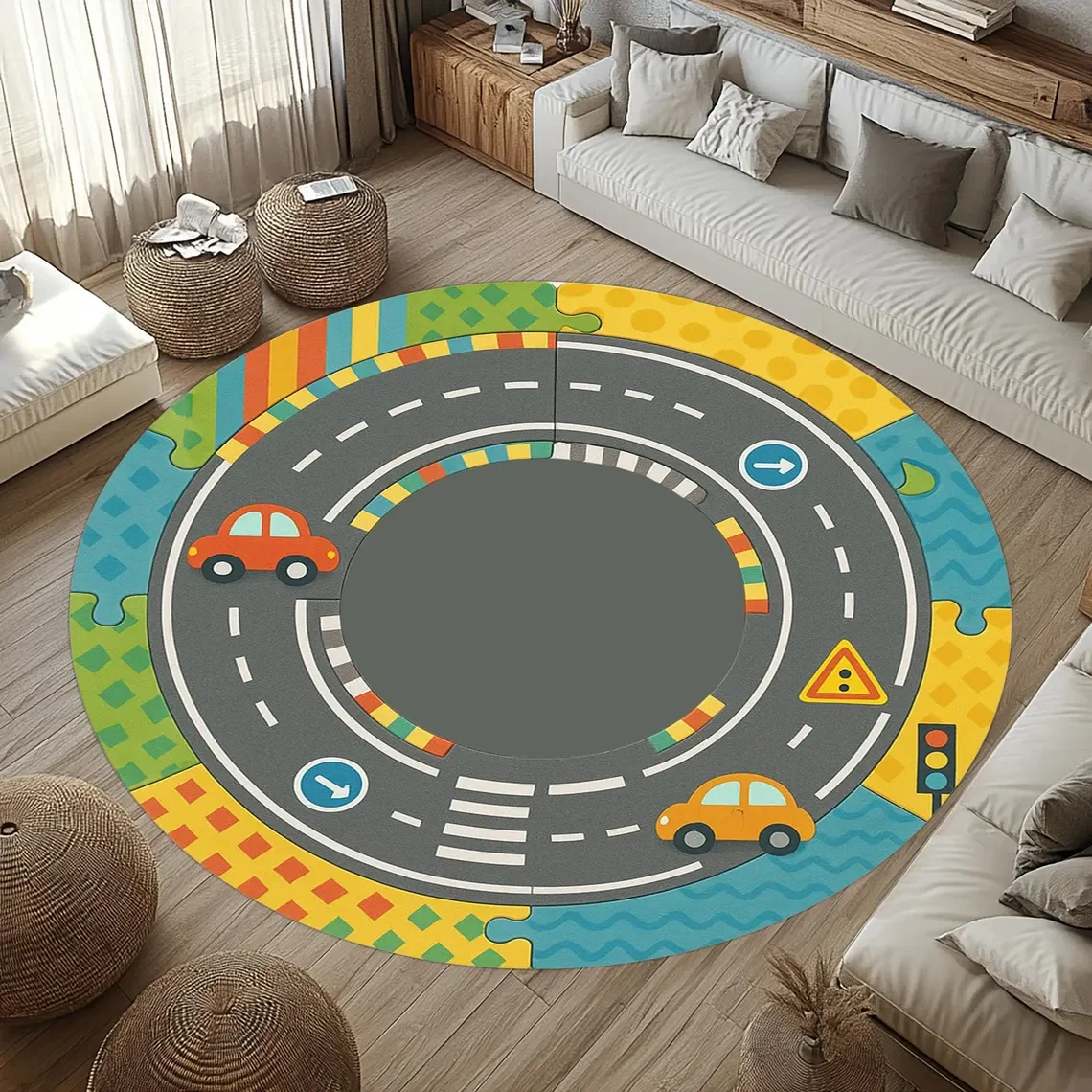 

Fun Race Track Round Rug – Soft & Playful Floor Mat for Kids Room, Living Room or Under Swivel Chair, Perfect as a Child's Gift