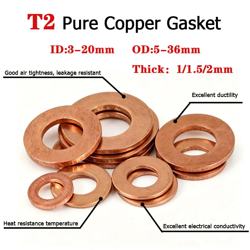 Red Copper Sealing Washers Flat Ring Gasket M3 M4 M5 M6 M7 M8 M9 M10-M20 Sealing Ring Gasket Crush Washer for Bolts Screws