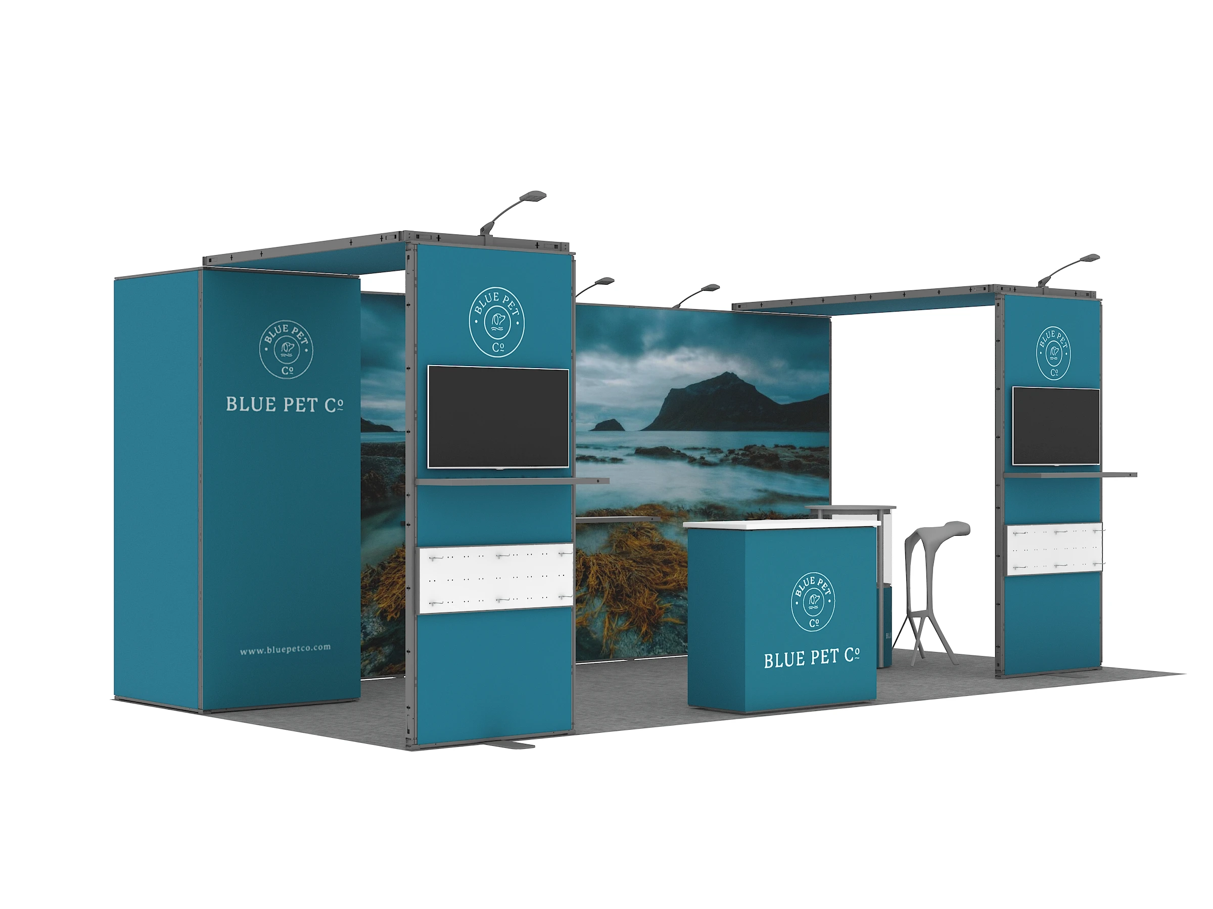 Cabina per esposizioni commerciali con grafica personalizzata modulare in alluminio per sala di stoccaggio 10x20 con TV