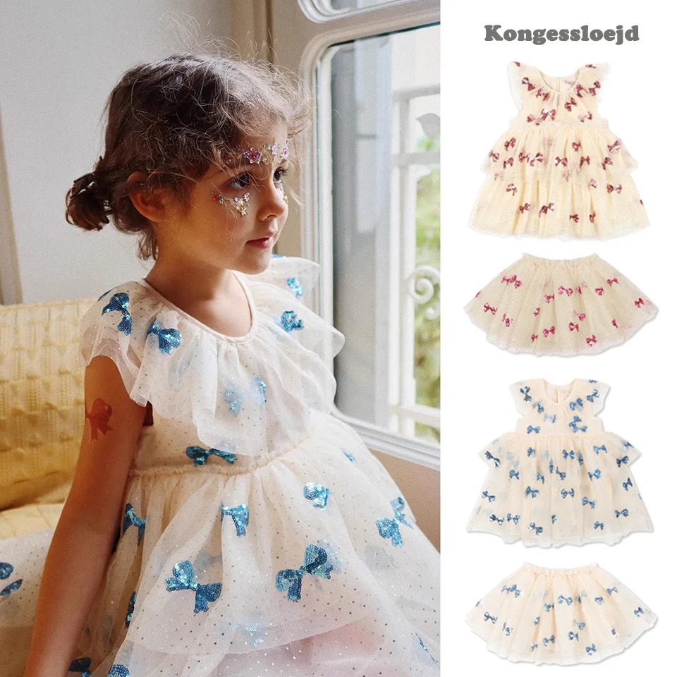 

Girls Dress 2025 Spring/Summer New Printed Bow Sequin Mesh Pink Girl Cake Dress Pure Cotton Lovely Princess Dress For Children