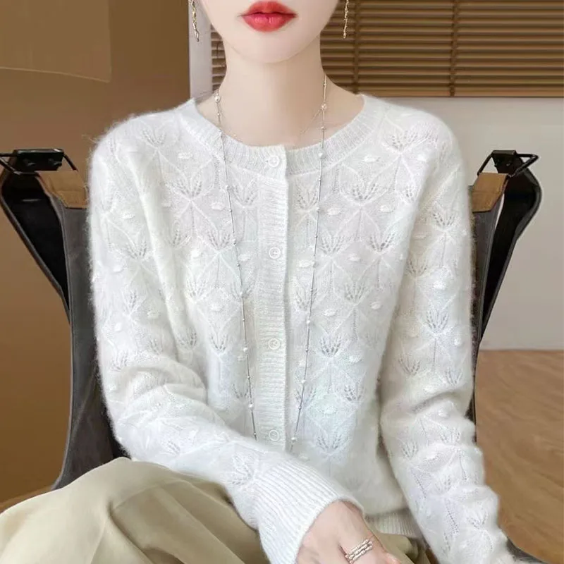 Autumn And Winter New Hollow Round Neck Cardigan Women's Jacquard Loose Wool Knitted Long-Sleeved Coat Top