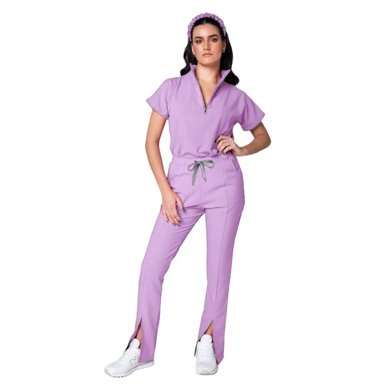 2025 Beauty Salon Uniform Set with Zipper Slit New Style Scrub Top