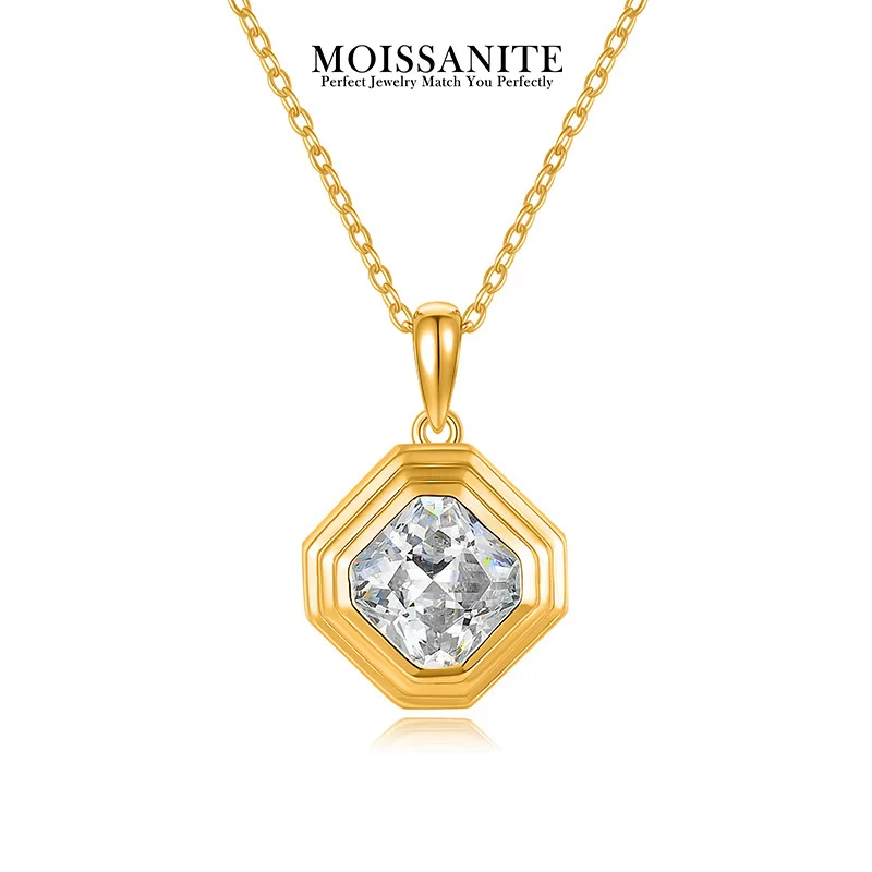 

2.5 Carat Moissanite Pendant Necklace Gold Plated 925 Sterling Silver Octagon Frame Modern Design for Women Gift Necklace