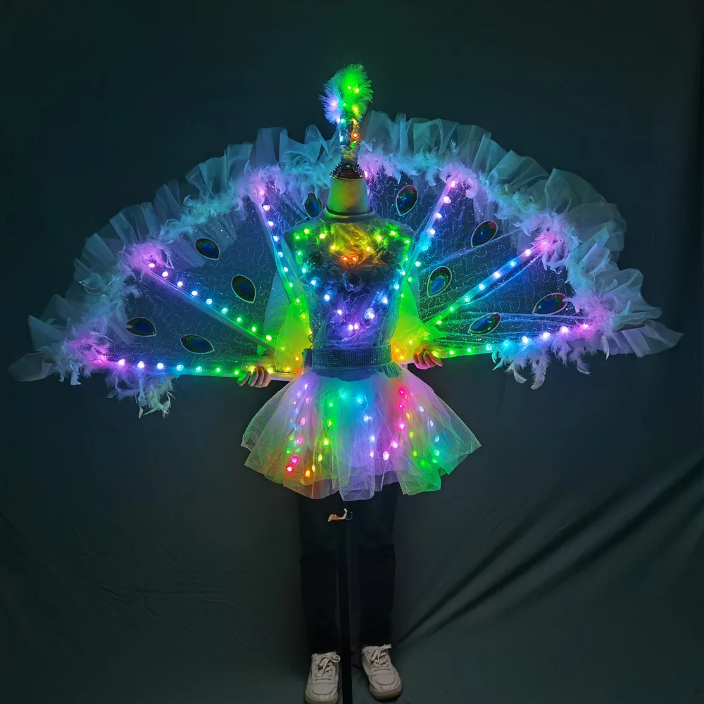 Full Color LED Peacock Wings Nightclub Catwalk Model Dance Party Stage Performance Wear Dress Women Girl Ballet Skirt