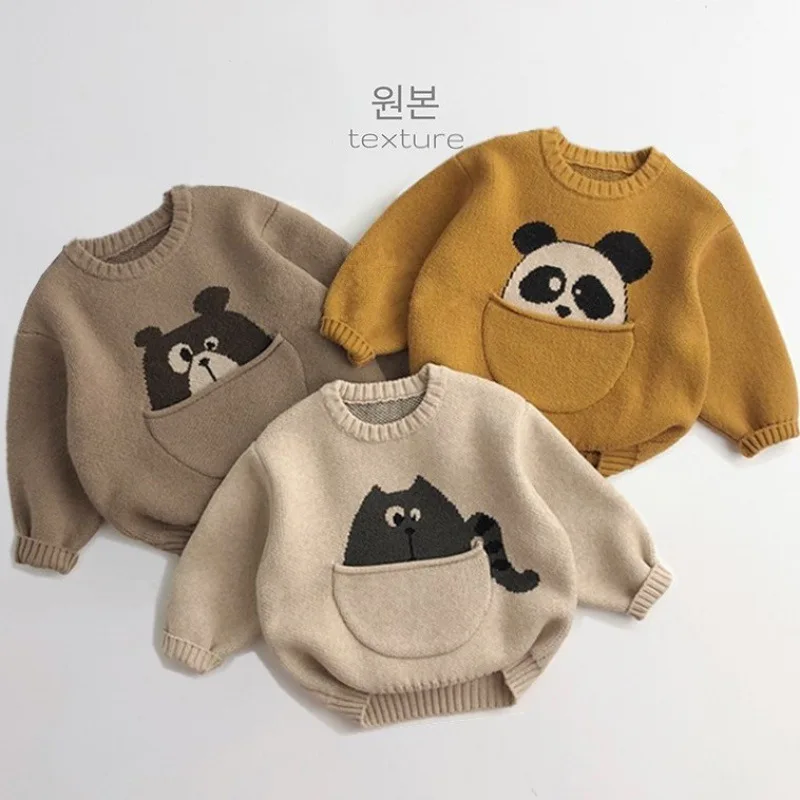 

Korea Kids Clothes Winter Sweater Baby Boys Girls Cute Cartoon Cat Panda Sweaters Kawaii Big Pocket Knit Sweater Toddler