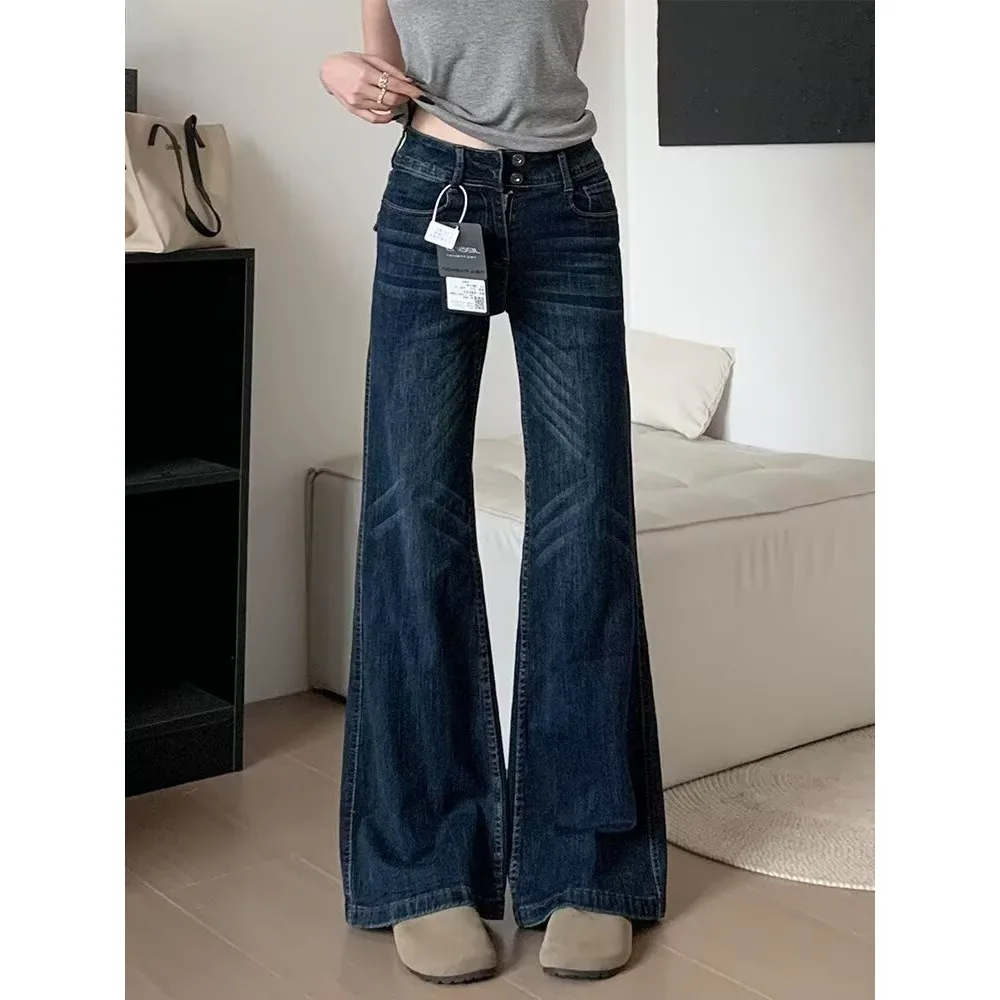 

Y2K American Style Jeans Women Deep Blue Retro Micro Flared Non Sticky Elastic Slimming Floor Length Autumn Spicy Girl Pants