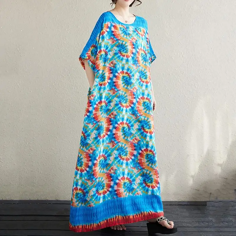 Short Sleeve Plus Size Vintage Floral Loose Midi Long Pleated Dresses Women Casual Maxi Summer Dress Ladies Boho Vestidos Beach