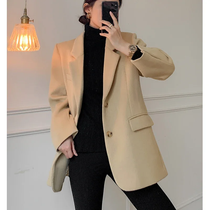 2024 Autumn Woman\'s Suit Jacket Khaki Woolen Tickened Notched Blazer Jackets Female Fashion Ladies High Quality