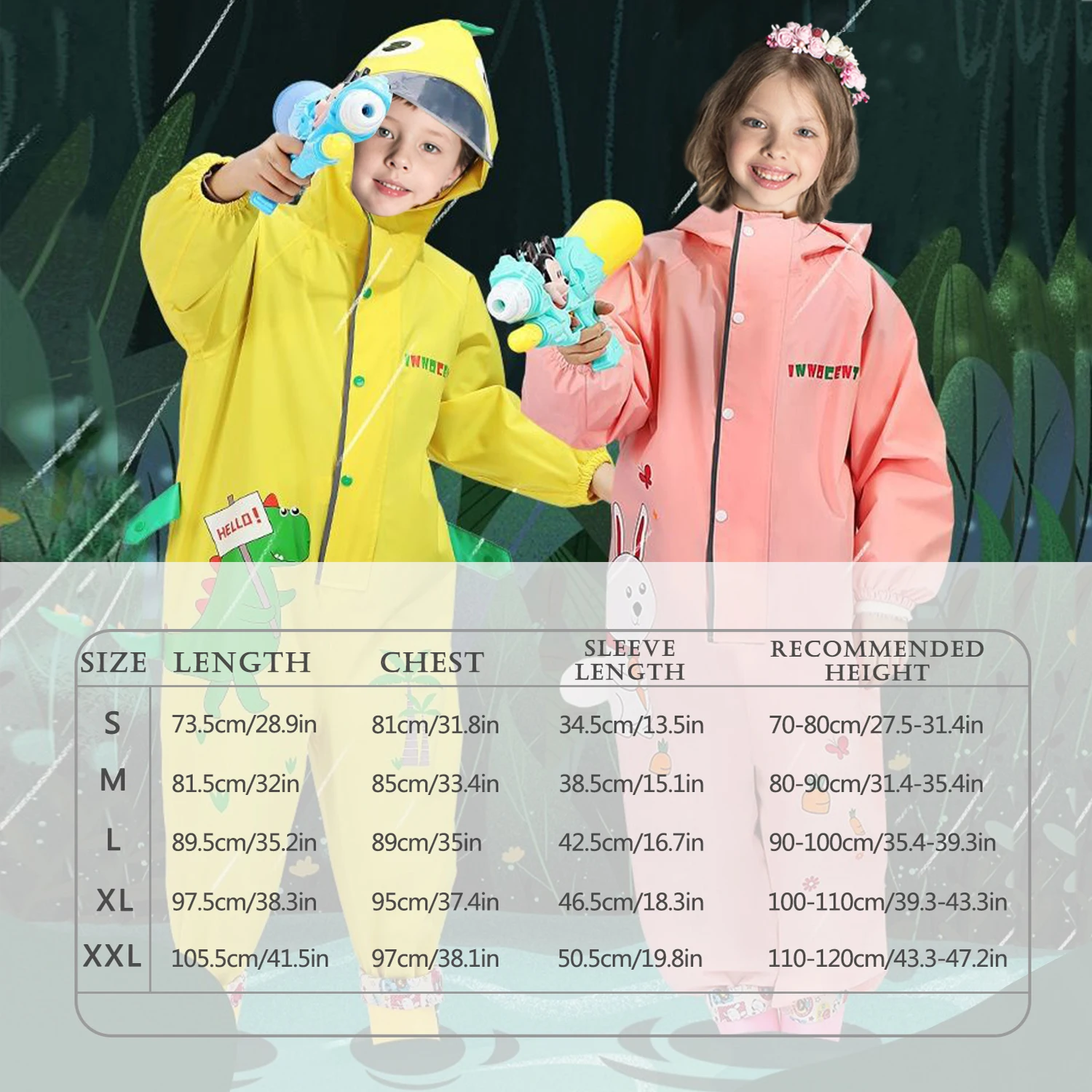 Cute Colorful Rabbit /Dinosaur Raincoat For Kids Boys Girls Waterproof Jumpsuit Hooded One-Piece Cartoon - 3D Illustrated