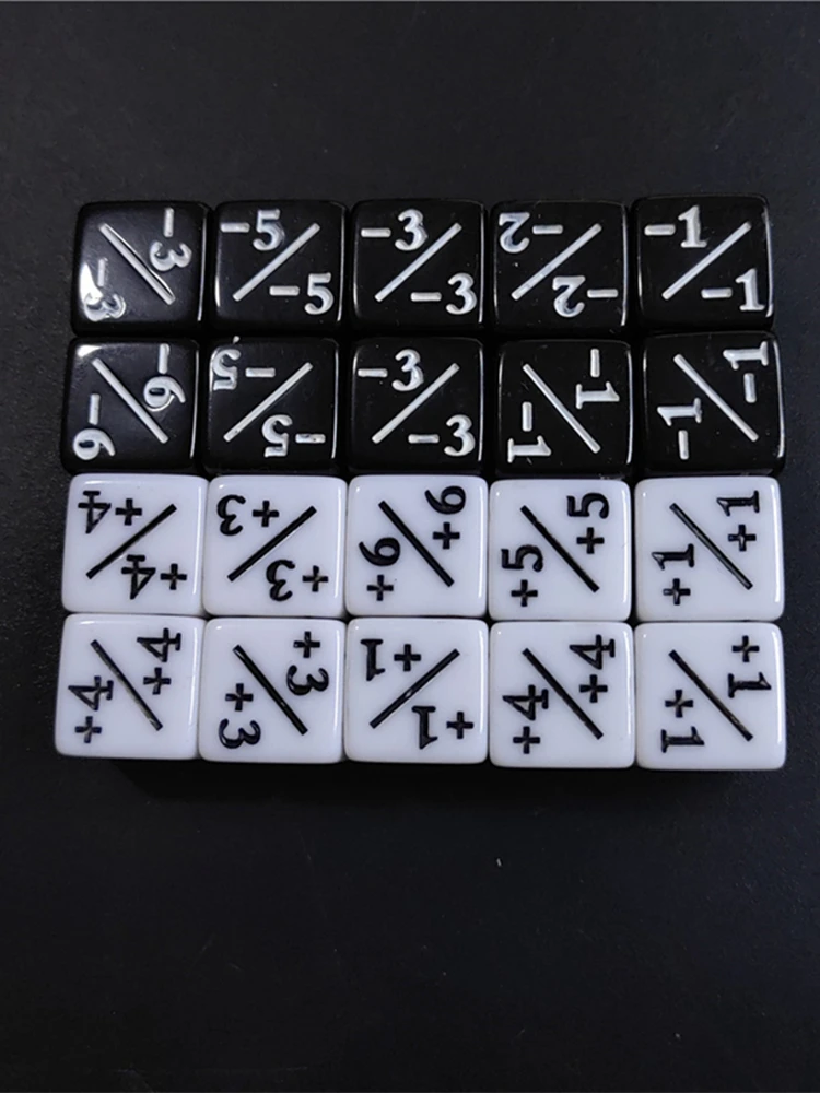 10 pièces/ensemble 1.6cm dés +1/+1 &-1/-1 opération noir et blanc enseignement Addition et soustraction couleur fils dés mathématiques
