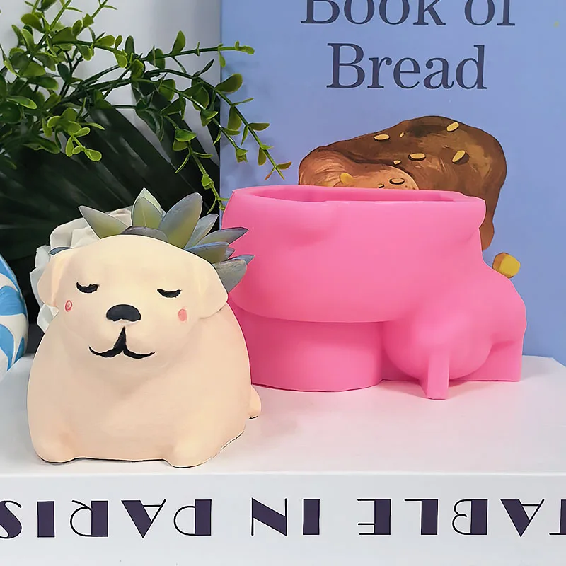 Cute Lying Puppy Flower Pot Silicone Mold DIY Cement Gypsum Succulent Planter Mold Closed-Eye Puppy Animal Flower Vessel Handmade Casting Mold Version 2【Long-Tailed Extended Version】
