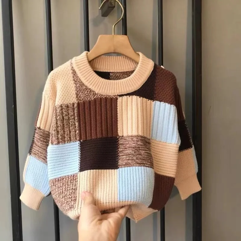 Boys' Knitted Sweater Spring and Autumn Korean Edition Children's Checker Loose Bottom Winter Kids Baby Sweater