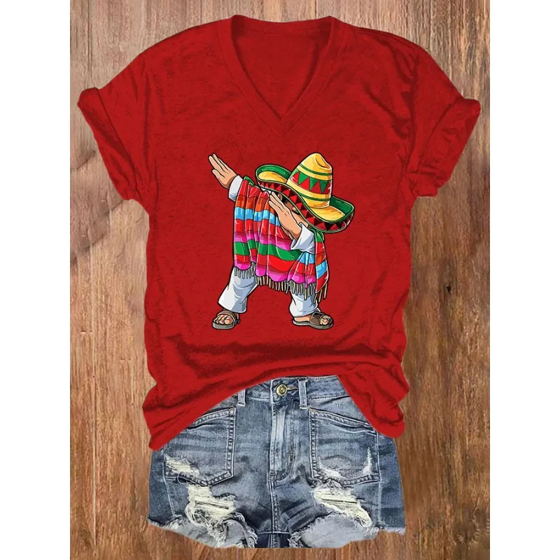 Women Cinco De Mayo Printed T Shirts Summer  V Neck Short Sleeve Top   Blouse