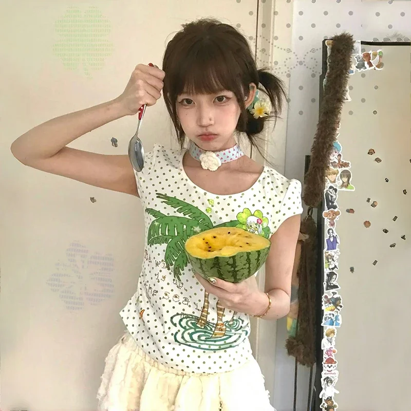 Japanese Y2k Kawaii Graphic T Shirts 2000s Aesthetics Coconut Tree Print T Shirt Vintage Harajuku Polka Dots Crop Tops Lolita