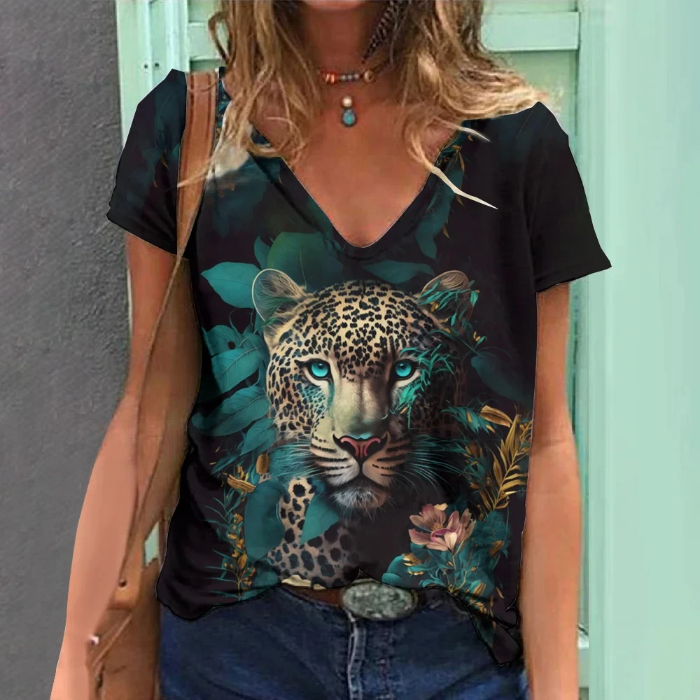 Tiger Graphic T-Shirts Animal 3D Print Women Short Sleeve T Shirt V-Neck Streetwear Oversized Harajuku Female Tees Tops Clothing