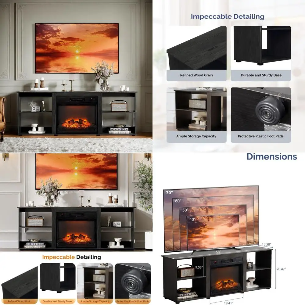 وحدة تحكم وسائط مدفأة كهربائية حديثة مع أرفف قابلة للتعديل، سعة تلفزيون 70 بوصة، تتضمن سخان، ترفيه أنيق