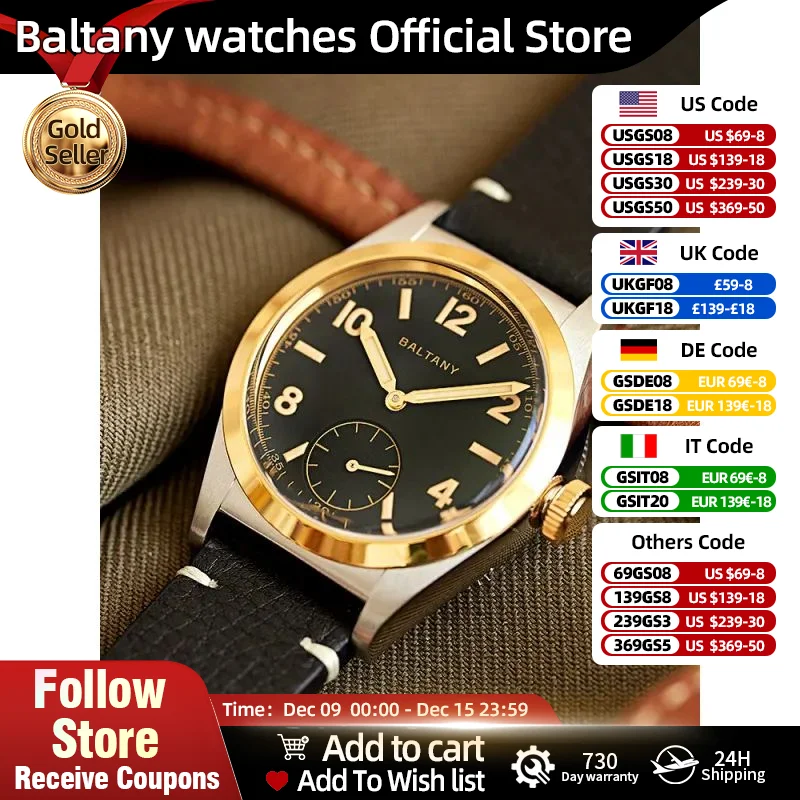 Baltany Quartz Bubbleback Watches S4012 Gold Bezel Luminous Dial Microbrand Design 100M Waterproof Retro Dress Watches