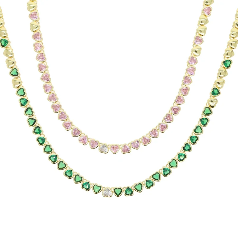 Valentine's Day Gift Heart Design Bling Cz Fashion Jewelry Gold Color Ice Out Green Pink White Heart Cz Tennis Choker Necklaces image 2