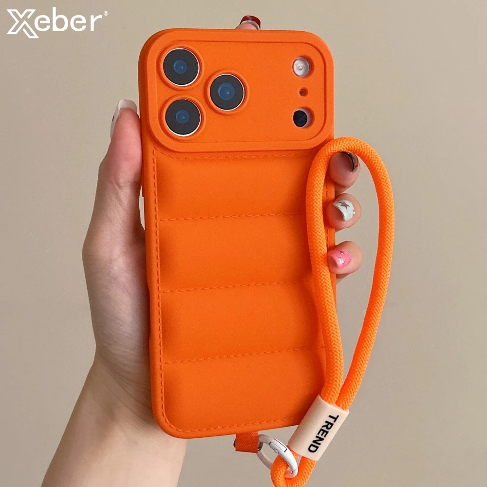 Alça de pulso cabo para baixo jaqueta capa de silicone para iphone 17 16 15 14 13 12 11 pro max xr xs x 7 8 plus proteção da câmera capa macia