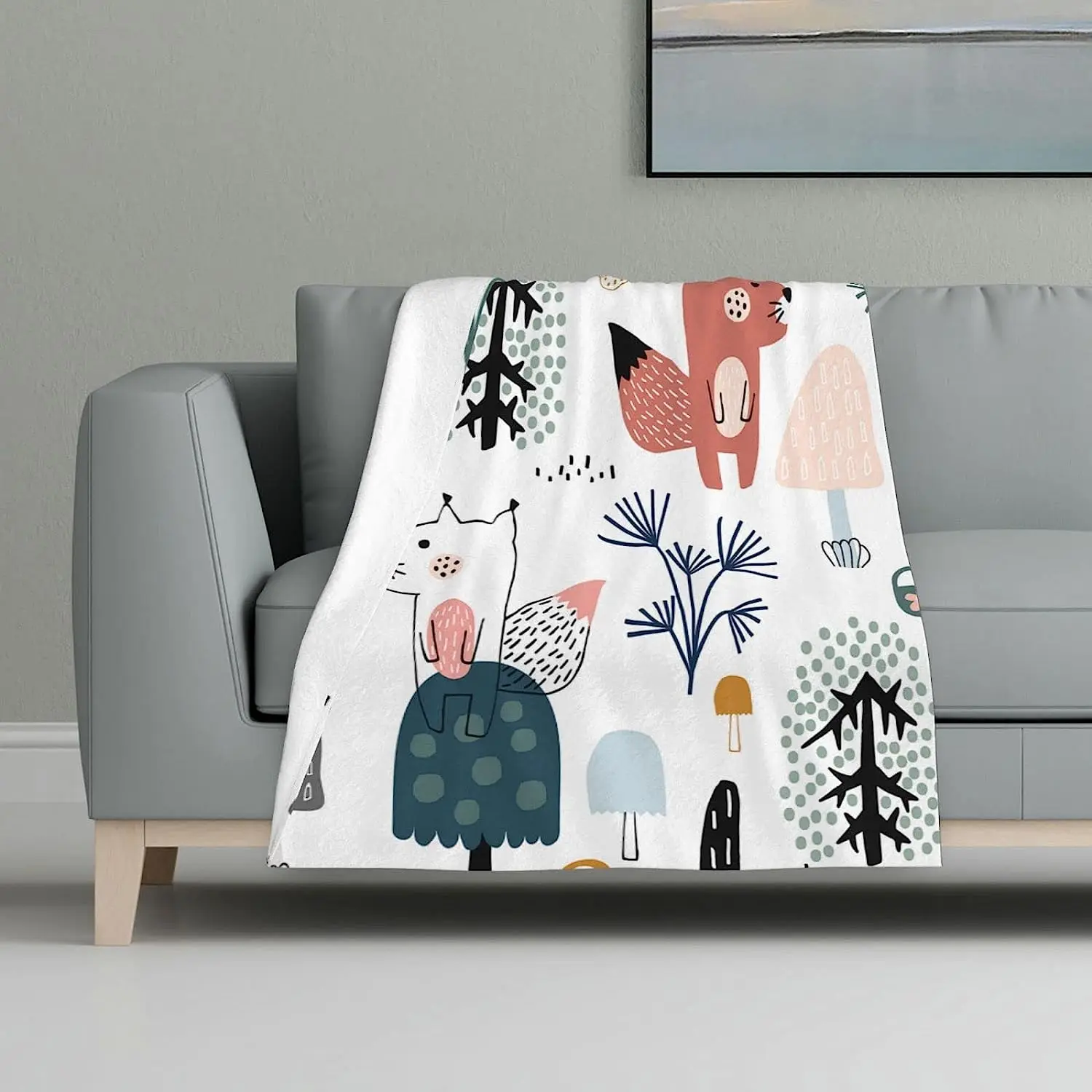 Cute Squirrels Woollen Blanket in The Wood Mushrooms Trees Birds Decor Creative Kids Texture Trendy Super Soft Blanket