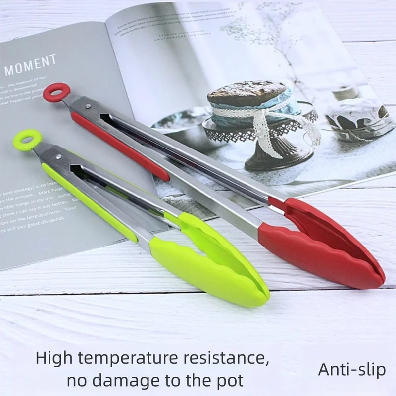 Food Grade Heat Resistant Silicone Tongs, 430 Stainless Steel BBQ Bread Clips with FCM Certification