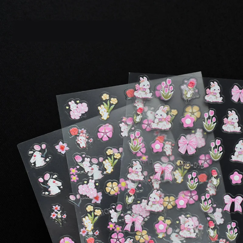 

5D embossed stickers press on nails art accesories DIY manicure supplies Spring summer rabbit bow flowers designs sliders decals