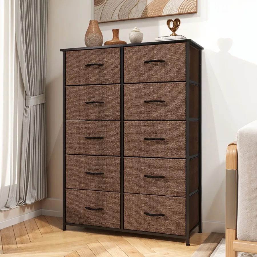 

10 Drawers Dresser Fabric Bedside Organizer Storage Tower Chest for Brown