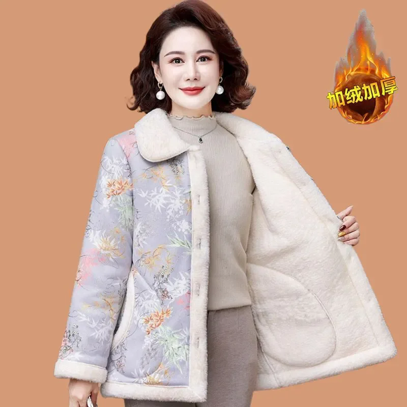 

Winter Plus Velvet Cotton Coat Women's Overcoat 2025 New Fashion Printed Lose Warm Parka Plus Size Lamb Velvet Lapel Cotton Coat