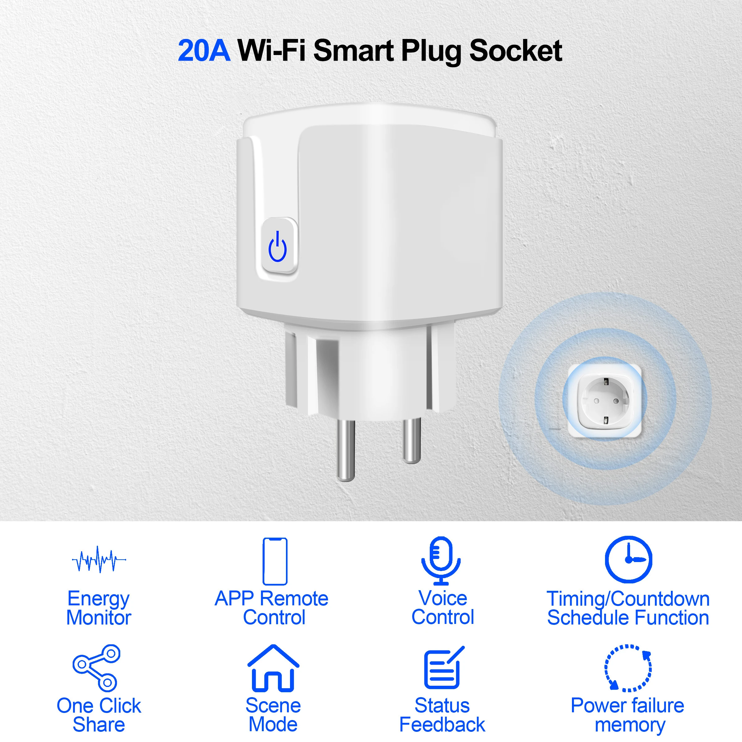 Tuya WiFi Smart Plug 20A EU Smart Socket Outlet with Power Monitor Timer Function 4200W Compatible with Alexa Google Home