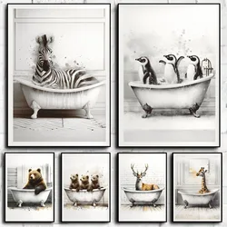 Funny Watercolor Animal Bathtub Series Poster Print Canvas Art Pictures Home for Vintage Bathroom Wall Decor Frameless Painting