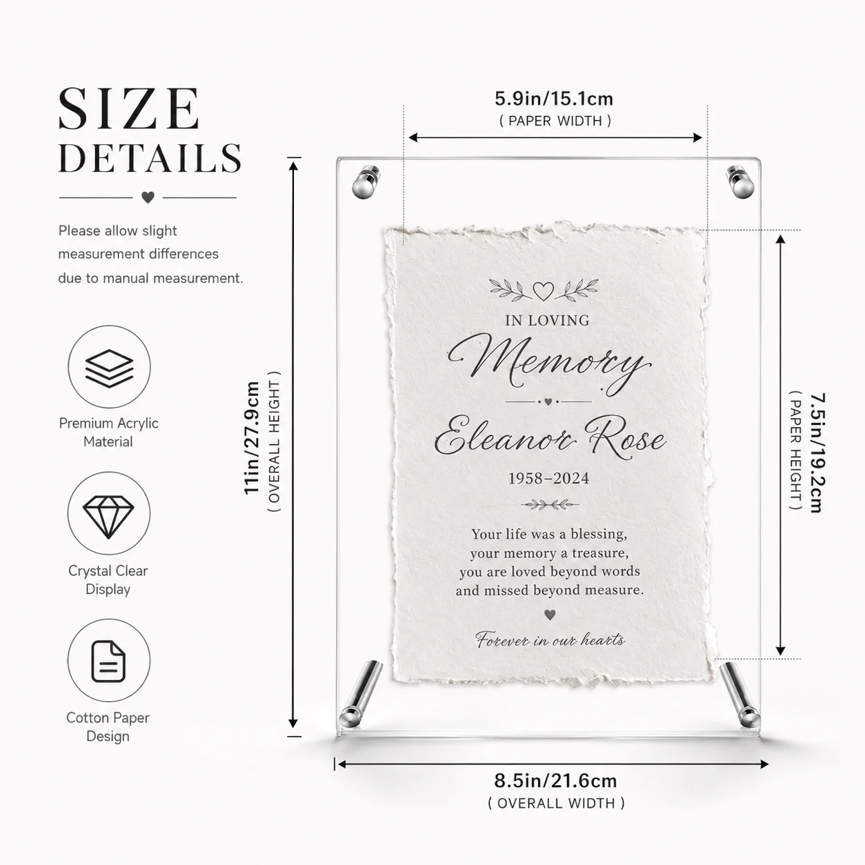 Custom Handmade Cotton Paper Memorial Gift Personalized Acrylic Keepsake Frame with Printed Message Sympathy Remembrance Decor
