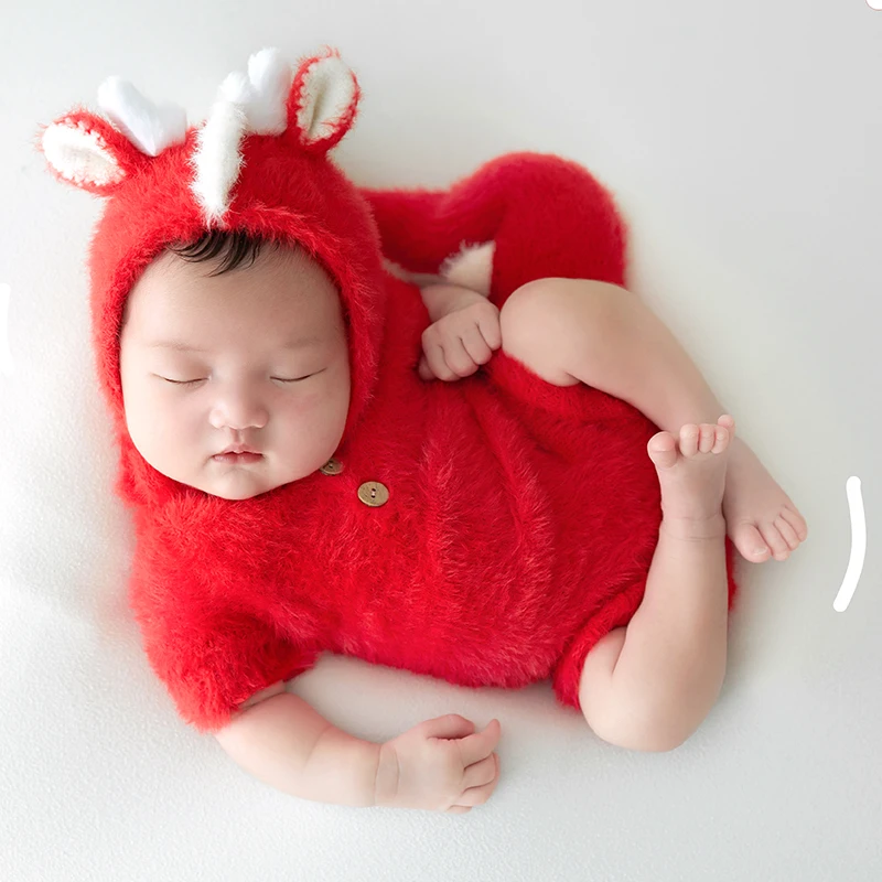 New Year Clothing For Newborn Photography Dragon Hat Romper Set Knitted Animal Baby Photography Outfit Photo Props Accessories