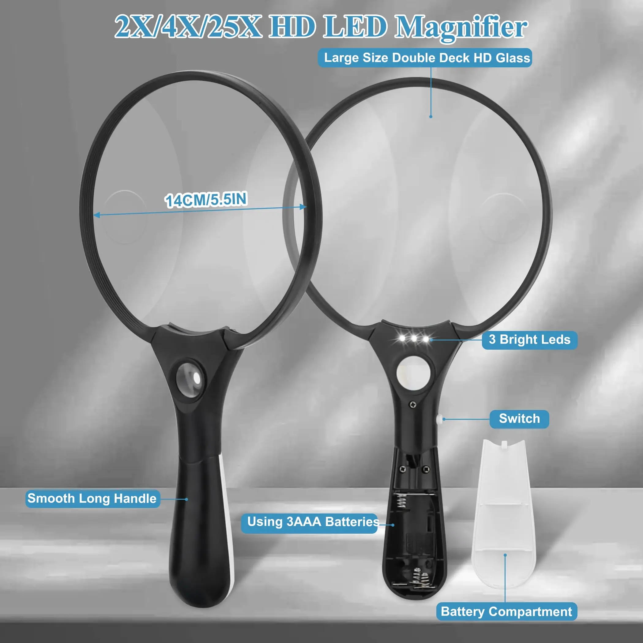 Magnifying Glass with Light 137mm Large Loupe Lens 2X 4X 25X LED Illuminated Handheld Magnifier for Seniors Reading Stamps Map