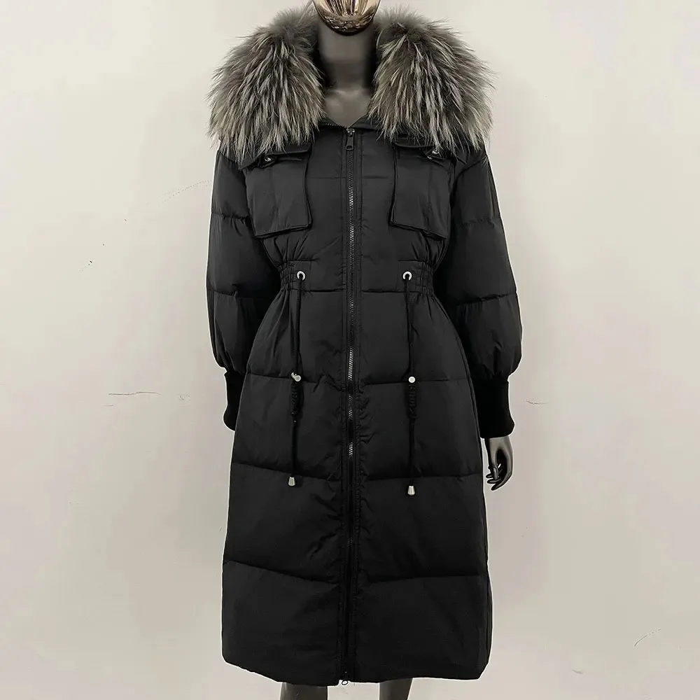 

2025 Real Fox Fur Collar New White Duck Down Coat Lady Natural Fur Coat Winter Over Knee Women Slim Fit Warm Puffer Jacket
