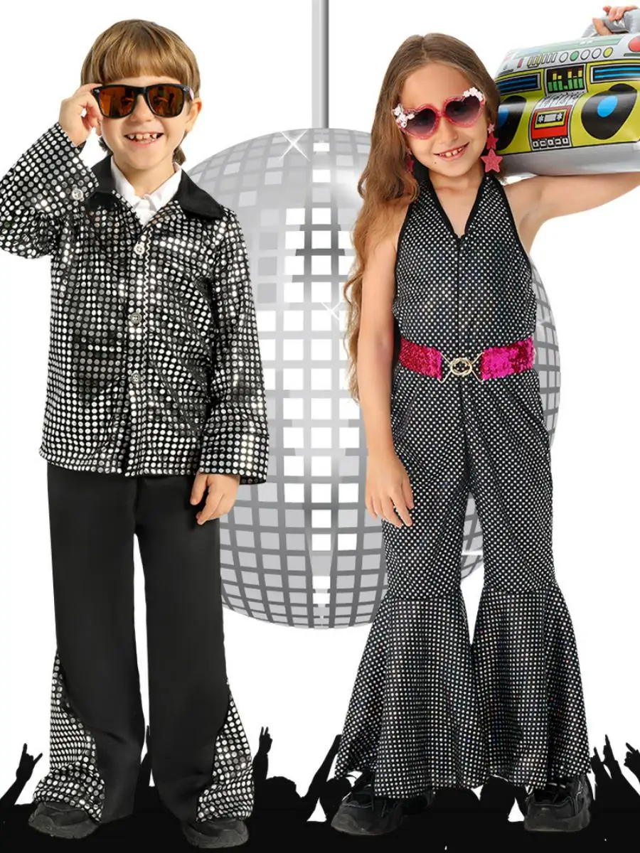 الرجعية ديسكو ملابس رقص الأطفال أداء الزي المرحلة ow loween خمر Sle ألياف البوليستر المرحلة الوطنية كوس...
