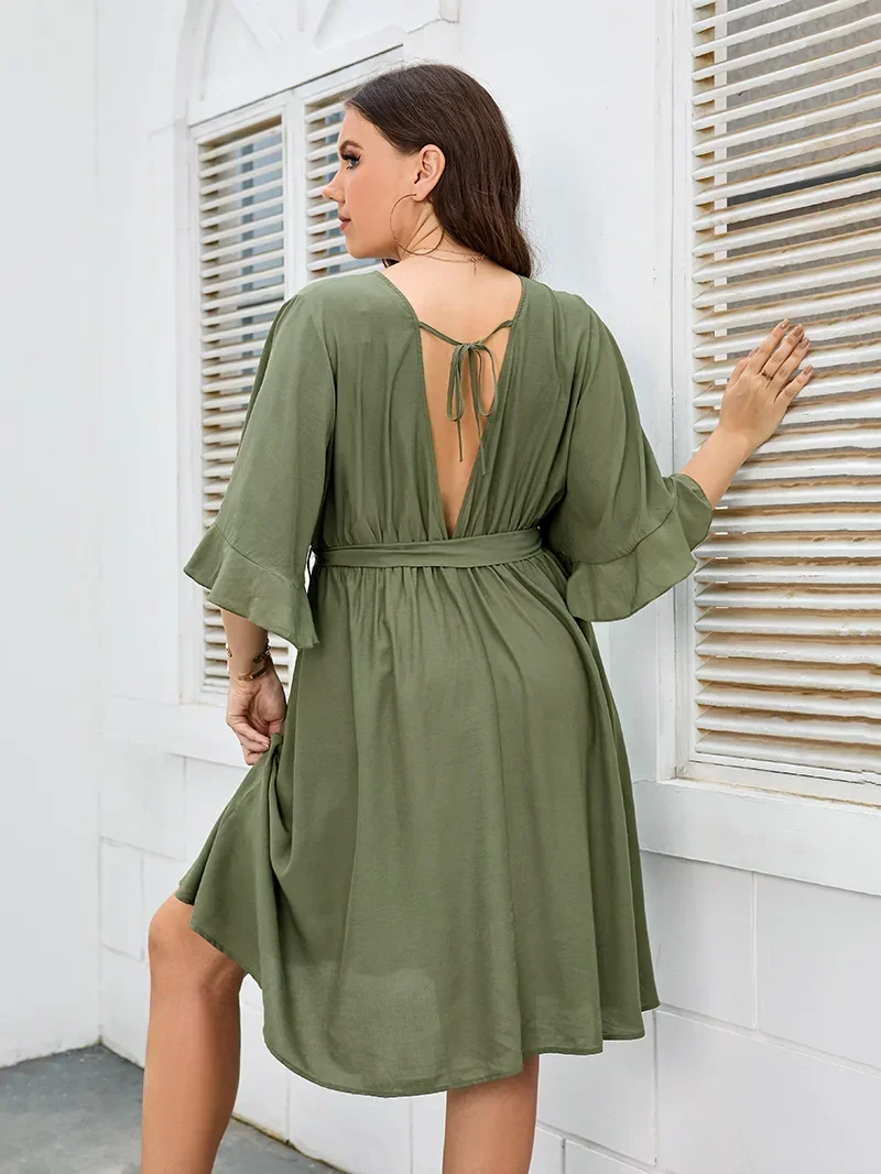 Women's oversized summer dress, Bohemian beach gown, V-neck, ruffled sleeves, round ring, lace waist belt, back V-notch