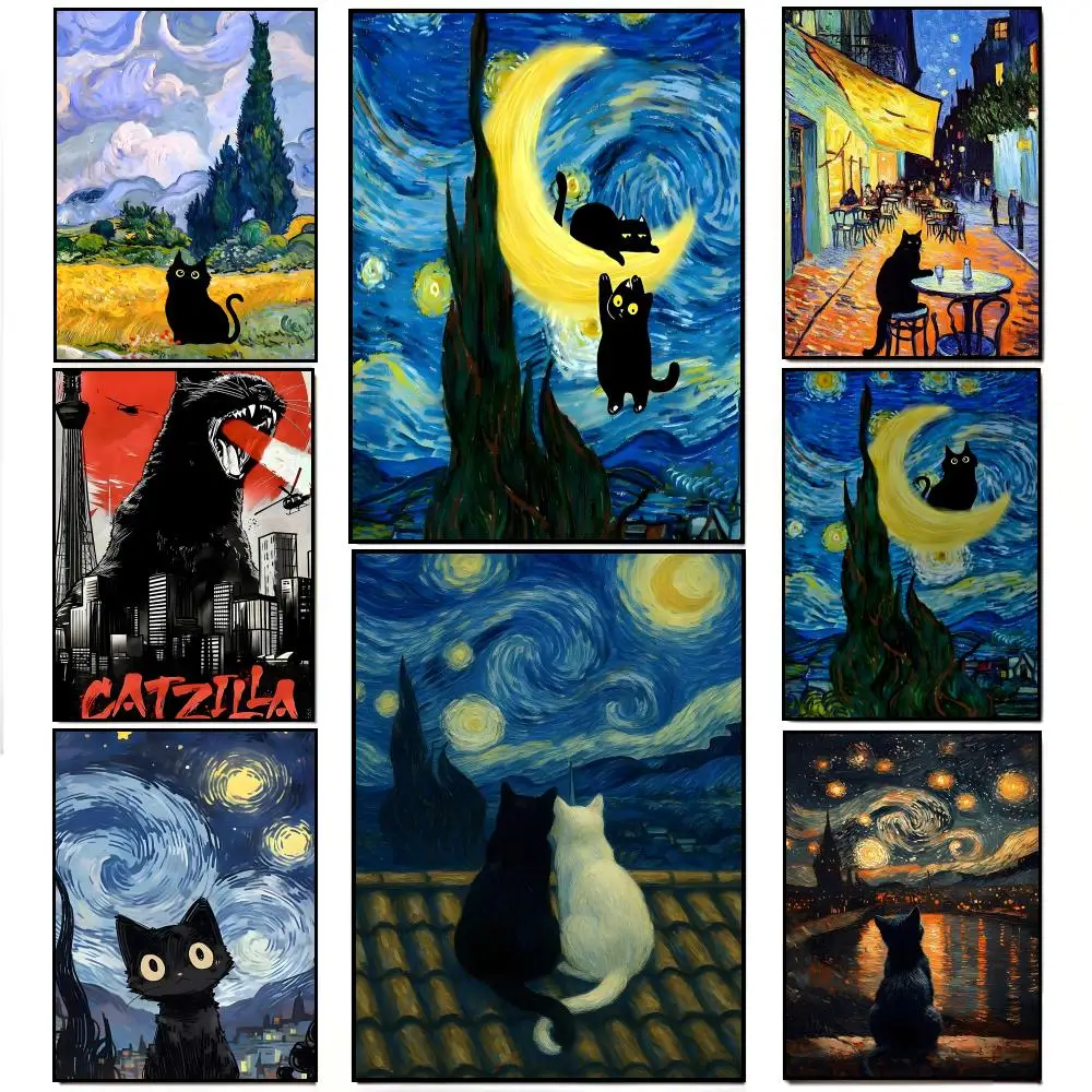 Lustiges Kunst-Poster mit schwarzer Katze, Van Gogh-Poster, HD, wasserfester Wandaufkleber, Bar, Wohnzimmer, Dekoration, Geschenk