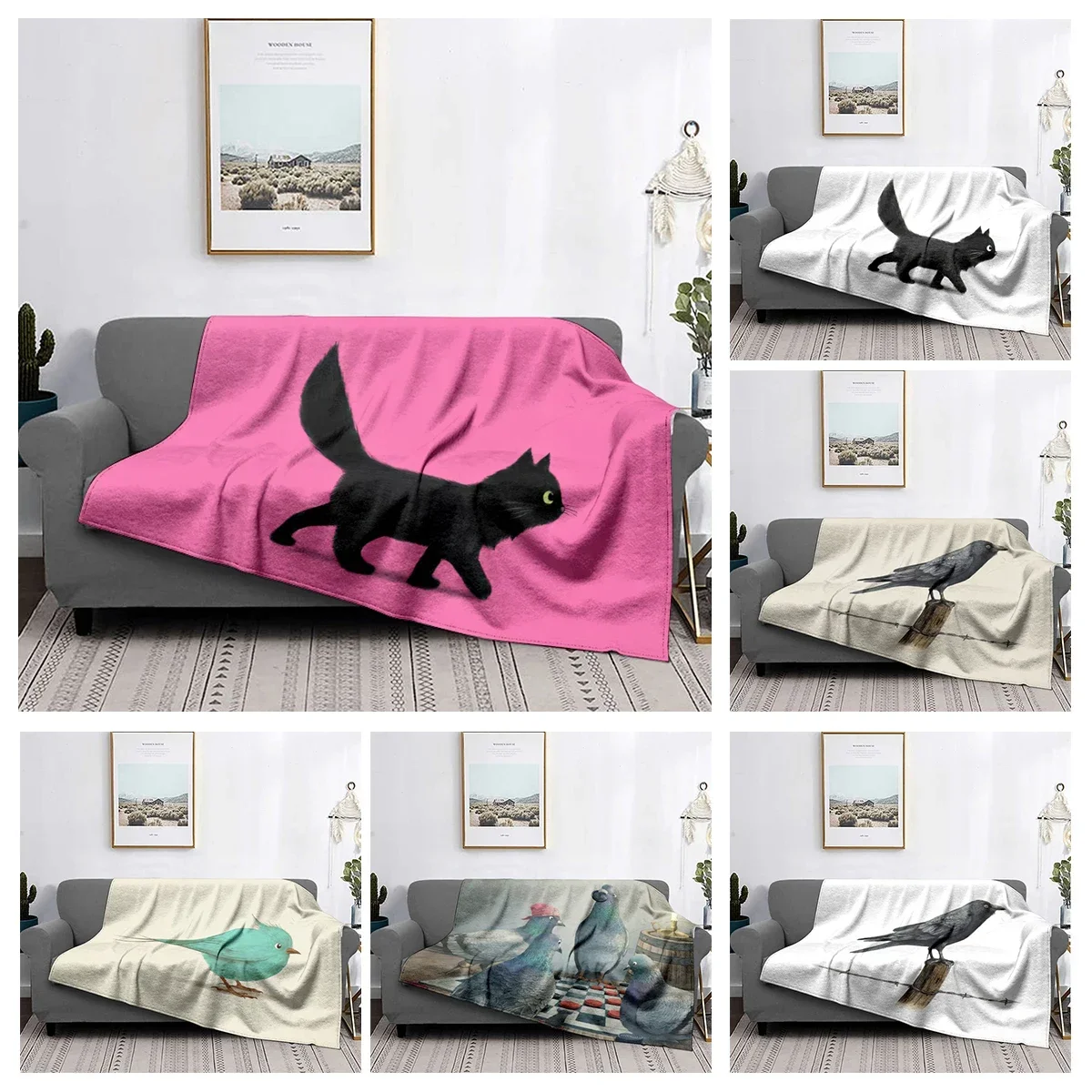 Home decoration plush Sofa blanket Meow and Bird Print Bedspread on the bed  fluffy soft blankets thick blanket for winte