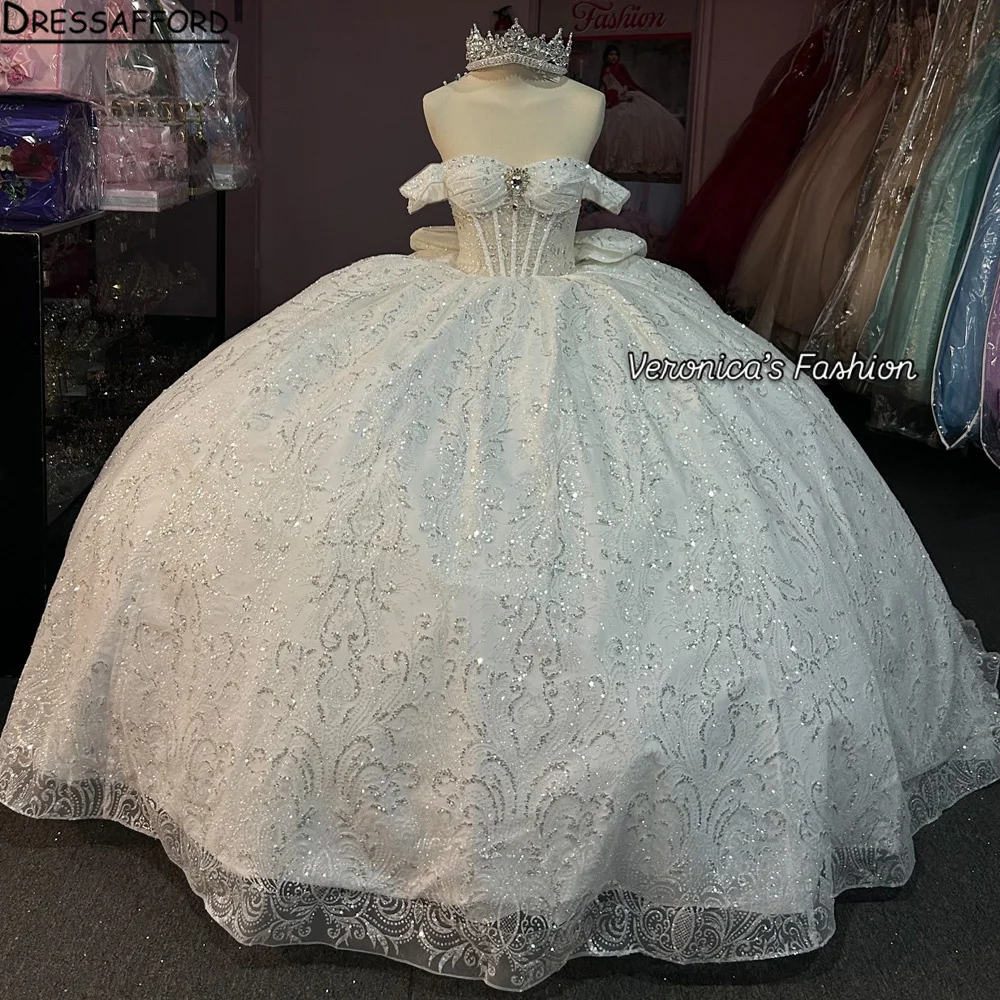 

White Off Shoulder Quinceanera Dress Lace Applique Beading Bow Sweet 16 Vestidos De 15 Anos