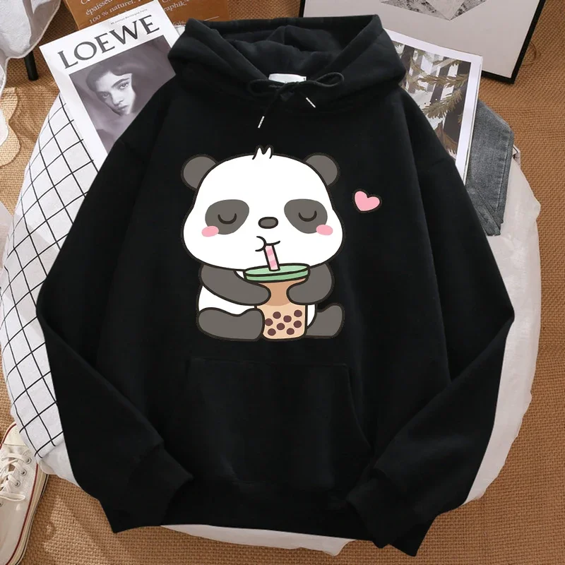 

Pandas love drinking pearl milk tea print hoodie men Harajuku warm hoody fashion casual sweatshirt autumn big size sportswears