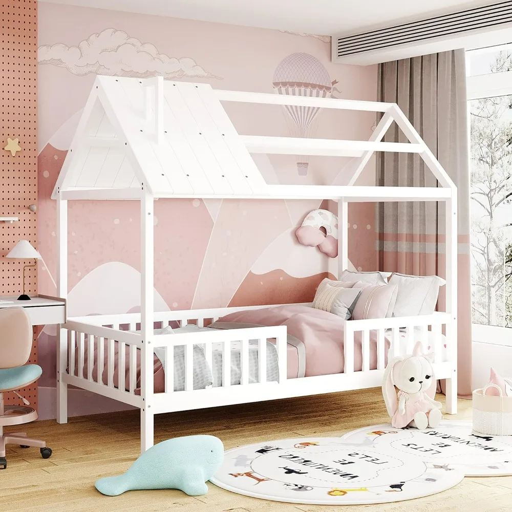 

Twin Kids House Beds, Wood Platform Bed Frame with Fence, Montessori Beds with Wood Slats Support, Playhouse Bed Frame