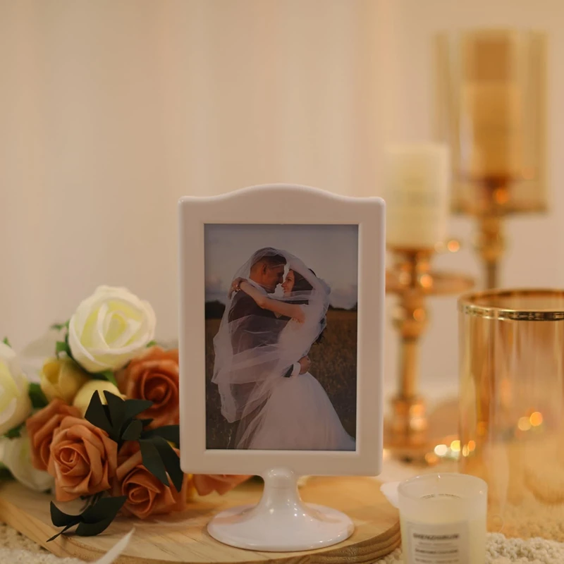 Double Sided Standing Picture Frames 4X6 Inch 2 Side Pedestal Picture Frames Plastic White Photo Frames Set For Display