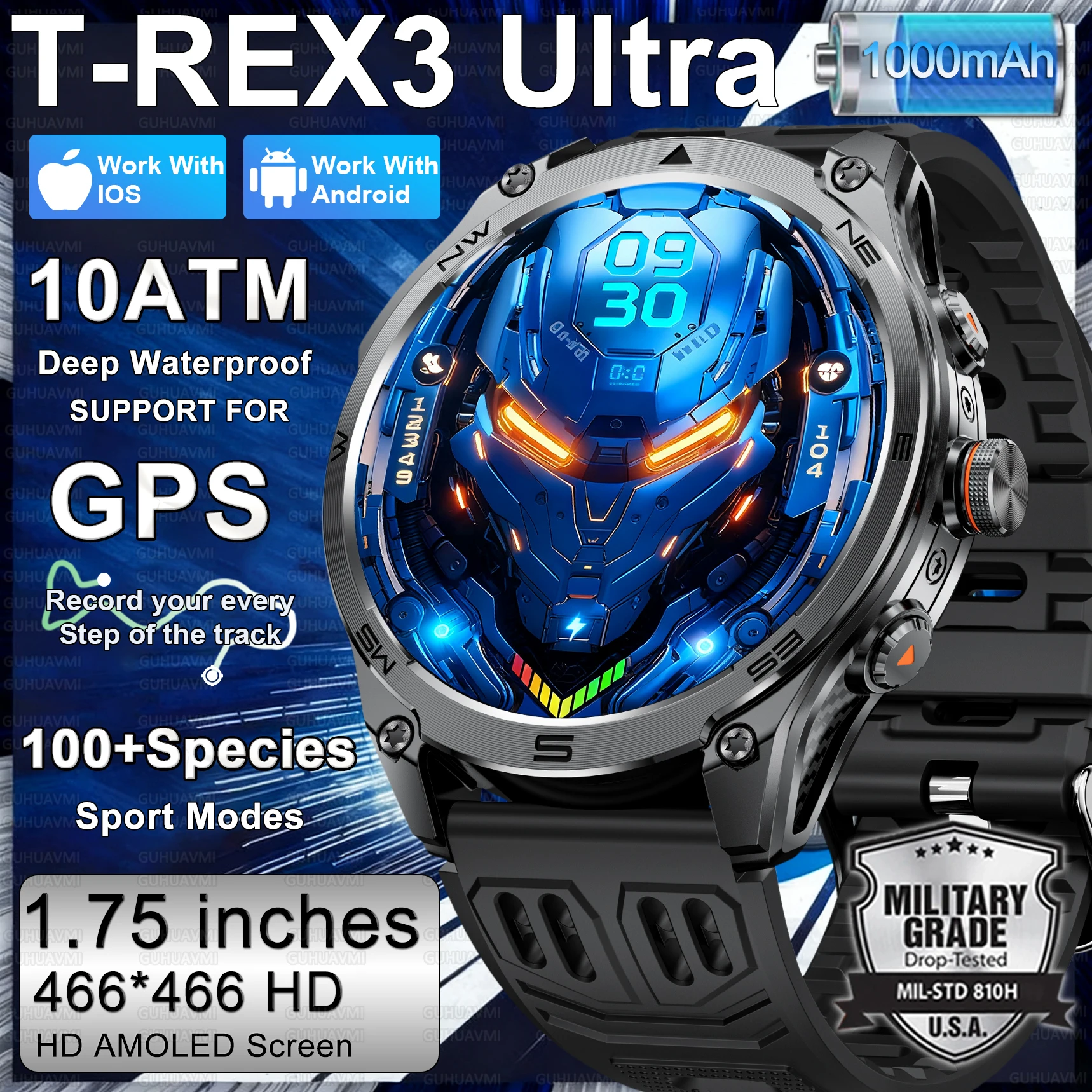 

2026 New Military Smart Watch 1000Mah Battery GPS trace Compass 10ATM Waterproof Tactics Sport Flashlight call Smart Watch Men