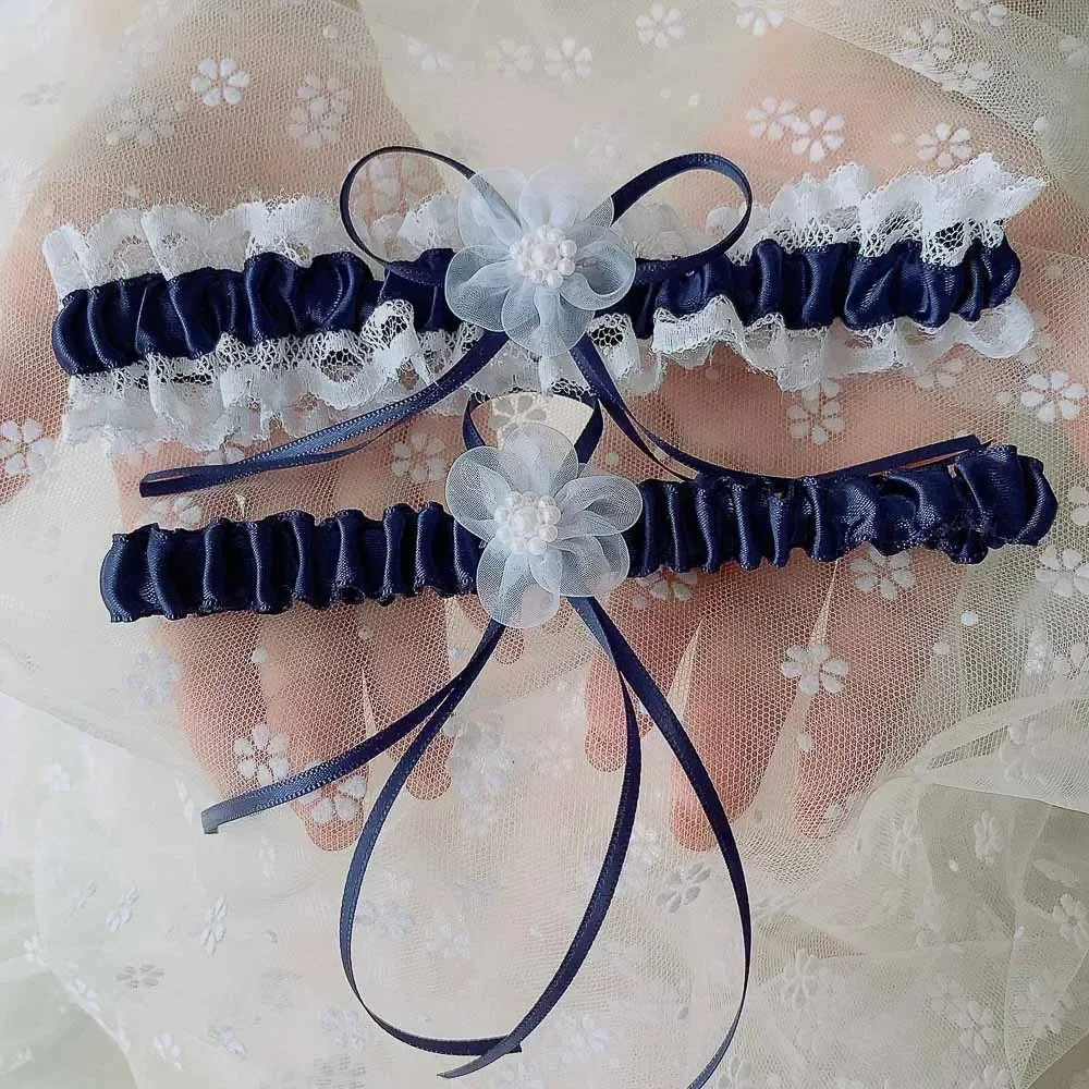 2pcs/Set Satin Ribbon Wedding Bridal Garter Belt  Elastic Bowknot Prom Garters for Bride Pearls Thigh Garters