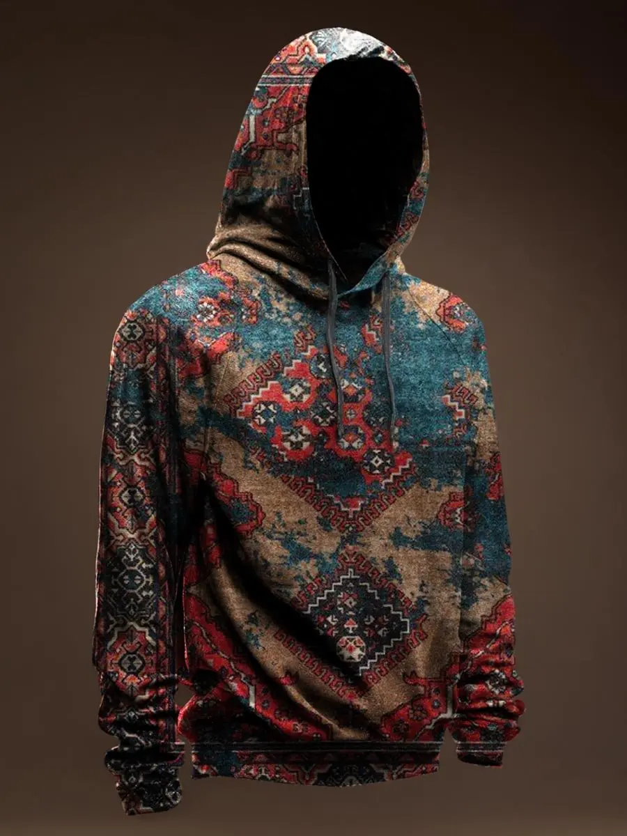 Vintage Pattern Printed Casual Hoodie Sweatshirt Men's Pullover Tops