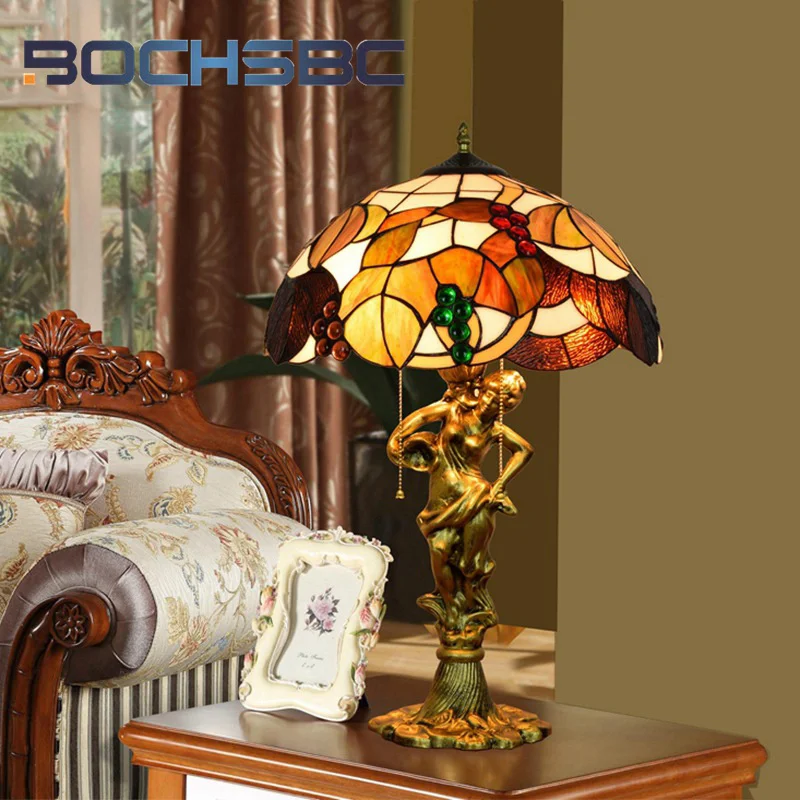 BOCHSBC Tiffany stained glass table lamp grape style Art Deco living room Dining Room Bedroom Bedside table Hotel office lamp