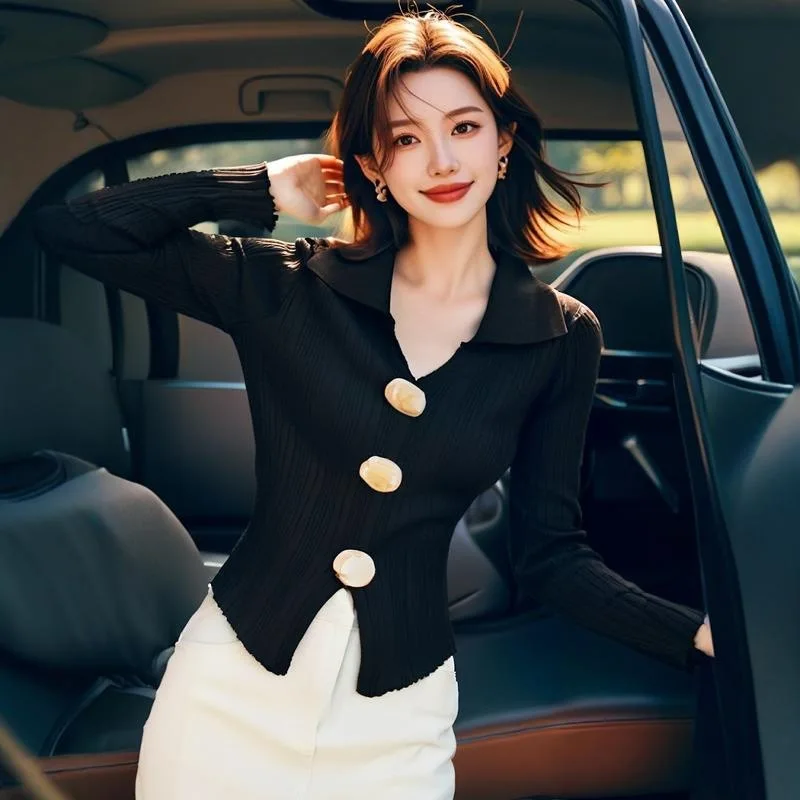 قميص قاعدة محبوك أنيق رغبة نقية أوائل الخريف النمط الفرنسي سليم صالح بولو طوق أعلى جودة TikTok Taobao المألوف #2