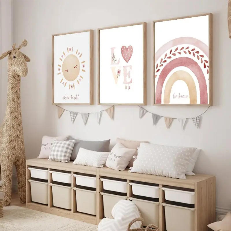 Bohemian Style Rainbow Series Canvas Painting Pink Sun Love Heart Cosy Wall Art Girls Bedroom Trend Decoration Unframed Poster